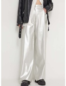 Kalhoty HUGO dámské, stříbrná barva, široké, high waist