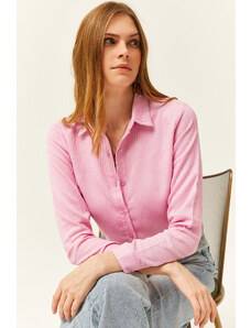 Olalook Women's Candy Pink Slim Ribbed Velvet Shirt