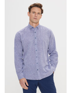 AC&Co / Altınyıldız Classics Men's Navy Blue Comfort Fit Relaxed Cut Linen Buttoned Collar Casual Shirt