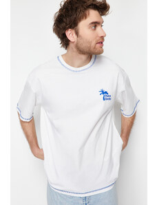 Trendyol Ecru Oversize Stitch Detail Printed 100% Cotton T-Shirt