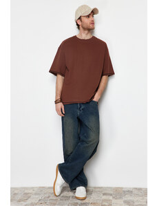 Trendyol Brown Oversize Stitch Detail 100% Cotton T-Shirt