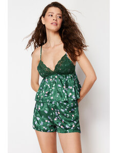 Trendyol Green Satin Floral Lace Detailed Athlete-Shorts Woven Pajamas Set