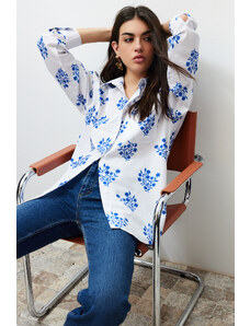 Trendyol Ecru Floral Print Oversize/Creature Woven Shirt
