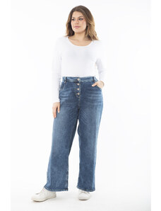 Şans Women's Plus Size Blue Lycra 5 Pocket Wide Leg Front Buttoned Jeans