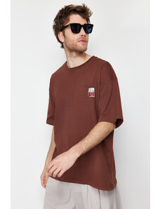 Trendyol Brown Oversize Label Text Printed 100% Cotton T-Shirt