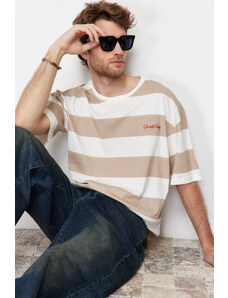 Trendyol Brown Oversize Text Embroidered Striped 100% Cotton T-Shirt