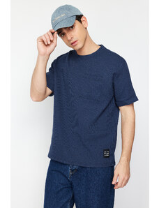Trendyol Basic Indigo Relaxed Textured Waffle Short Sleeve T-Shirt with Pocket Label