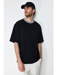 Trendyol Black Oversize Collar Detailed Label 100% Cotton T-Shirt