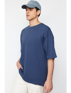 Trendyol Limited Edition Indigo Oversize 100% Cotton Labeled Textured Basic Thick T-Shirt