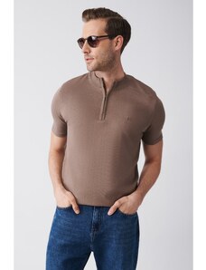 Avva Men's Mink Zippered Polo Neck Regular Fit Knitwear T-shirt