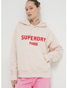 Bavlněná mikina Superdry dámská, růžová barva, s kapucí, s potiskem