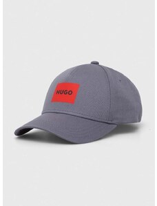 Bavlněná baseballová čepice HUGO šedá barva, s potiskem