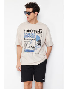 Trendyol Stone Oversize Far East Printed 100% Cotton T-Shirt