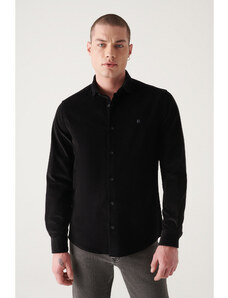 Avva Men's Black Velvet Buttoned Collar Cotton Slim Fit Slim Fit Shirt
