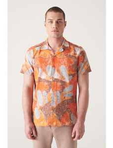 Avva Men's Orange Printed Short Sleeve Cotton Shirt