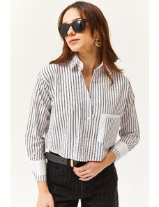 Olalook Women's White Black Pocket and Cuff Detailed Striped Crop Shirt