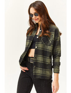 Olalook Women's Khaki Black Single Pocket Thick Plaid Lumberjack Shirt