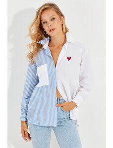 Cool & Sexy Women's White-Blue Striped Heart Shirt MIW1317