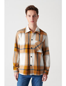 Avva Men's Mustard Plaid Classic Collar Overshirt Pocket Snap Fastener Jacket Coat