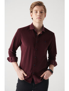 Avva Men's Burgundy Velvet Buttoned Collar Cotton Regular Fit Shirt