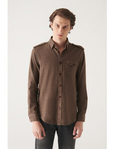 Avva Men's Brown Epaulette Detailed 100% Cotton Regular Fit Shirt