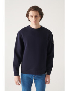 Avva Men's Navy Blue Crew Neck 3 Thread Back Printed Standard Fit Regular Cut Sweatshirt