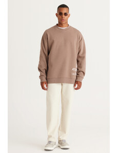 AC&Co / Altınyıldız Classics Men's Beige Oversize Fit Loose Cut 3 Thread Cotton Printed Sweatshirt with Fleece Inside