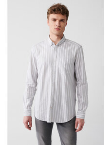 Avva Men's Gray 100% Cotton Oxford Buttoned Collar Striped Standard Fit Regular Cut Shirt