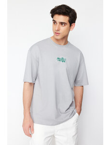 Trendyol Gray Oversize/Wide Cut Crew Neck Flower Printed 100% Cotton T-Shirt