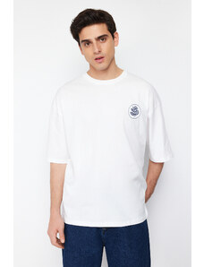 Trendyol Ecru Oversize Embroidered 100% Cotton T-Shirt