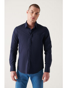 Avva Men's Navy Blue 100% Cotton Satin Shirt with Hidden Buttons, Slim Fit Fit Shirt