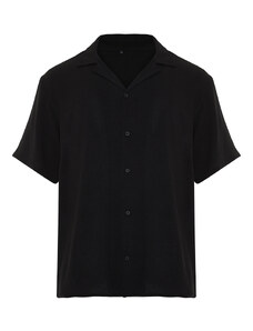 Trendyol Black Black Oversize Fit Summer Short Sleeve Linen Look Shirt Shirt