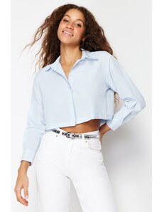 Trendyol Light Blue Stone Detailed Cotton Crop Woven Shirt