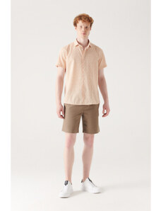 Avva Men's Khaki 100% Cotton Side Pocket Elastic Waist Linen Textured Relaxed Fit Comfortable Cut Shorts
