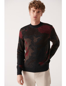 Avva Men's Brown Crew Neck Jacquard Standard Fit Regular Cut Wool Sweater