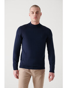 Avva Men's Navy Blue Half Turtleneck Wool Blended Standard Fit Normal Cut Knitwear Sweater