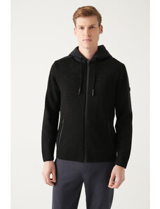 Avva Men's Black Wool Blended Hooded Zippered Standard Fit Regular Cut Cardigan Coat