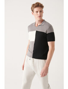Avva Men's Gray Cotton Buttonless Polo Collar Color Block Ribbed Regular Fit Knitwear T-shirt