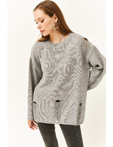 Olalook Women's Gray Ripped Detailed Oversize Knitwear Sweater