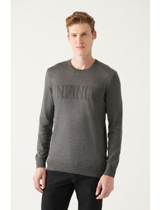 Avva Men's Gray Crew Neck Text Slogan Cotton Regular Fit Knitwear Sweater