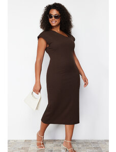 Trendyol Curve Brown Asymmetric Collar Knitted Dress