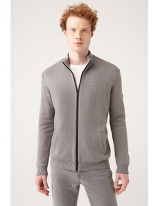 Avva Men's Gray High Neck Zippered Regular Fit Knitwear Cardigan