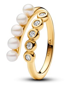 PANDORA Otevřený pozlacený prsten s upravenou kultivovanou sladkovodní perlou