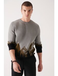 Avva Men's Khaki Crew Neck Patterned 100% Cotton Regular Fit Knitwear Sweater