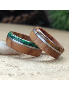 Woodlife Snubní olivové prsteny s tygřím okem a malachitem