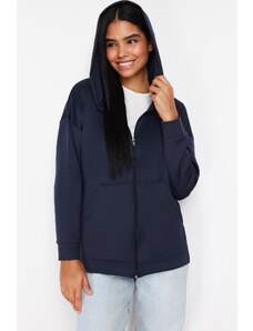 Trendyol Navy Blue Hooded Zippered Pocket Diver/Scuba Knitted Tunic Cardigan