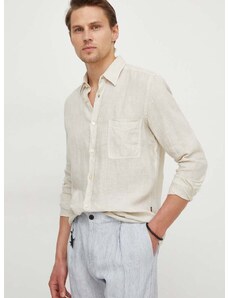 Lněná košile BOSS ORANGE béžová barva, regular, s klasickým límcem, 50489344