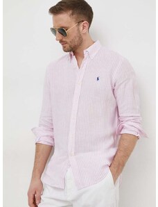 Lněná košile Polo Ralph Lauren růžová barva, regular, s límečkem button-down, 710873446