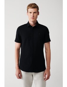 Avva Men's Black Easy-to-Iron Classic Collar Knitted Lycra Cotton Slim Fit Slim Fit Short Sleeve Shirt