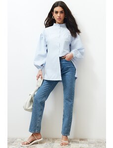 Trendyol Light Blue Gathered Detailed Cotton Basic Woven Shirt